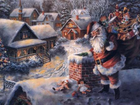 Le P�re-Noel apportant les cadeaux aux enfants bien sages.......